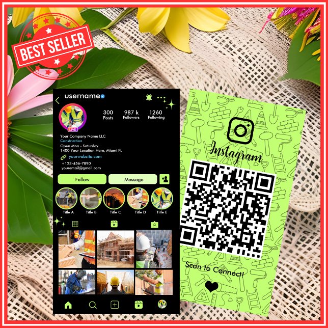 Building Construction Instagram Lime Green QR Business Card (Creator Uploaded)