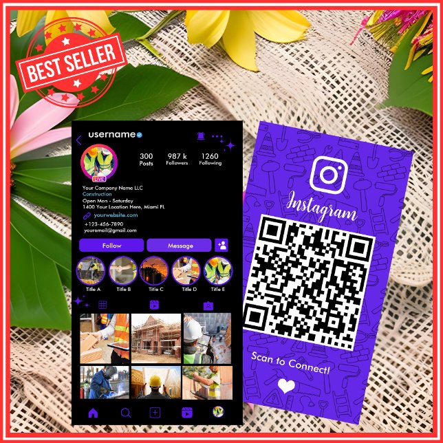 Building Construction Instagram Violet QR Code Business Card (Creator Uploaded)