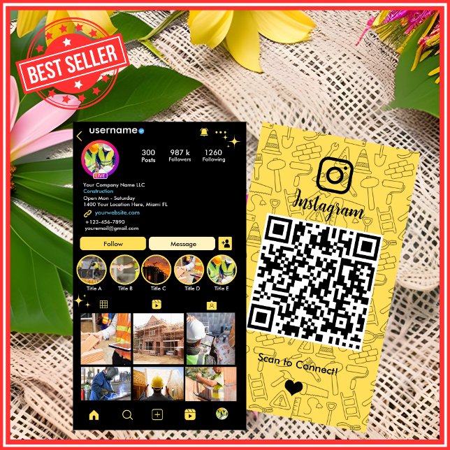 Building Construction Instagram Yellow | QR Code Business Card (Creator Uploaded)