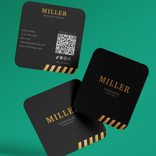 Building Constructor Qr Code Black & Metallic Gold Square Business Card (Building Constructor Qr Code Black & Metallic Gold Square Business Card)