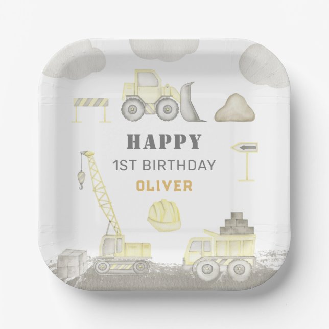 Building Fun Construction Kids 1st Birthday Party Paper Plate (Front)