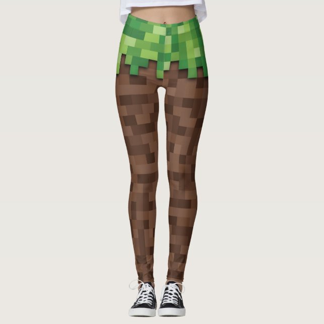 Building Mining Video Game Pixelated Grass Dirt Leggings (Front)