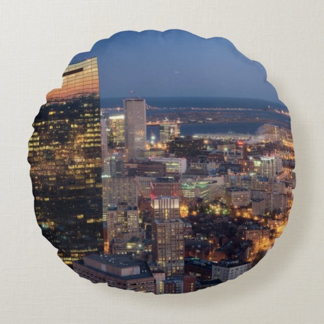 Building of Boston with light trails on road Round Pillow (Front)