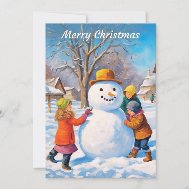 Building Snowman Winter Snow Scene Merry Christmas Holiday Card (Front)