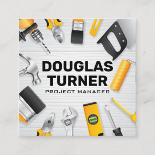 Building Tools on Wooden Table Square Business Card