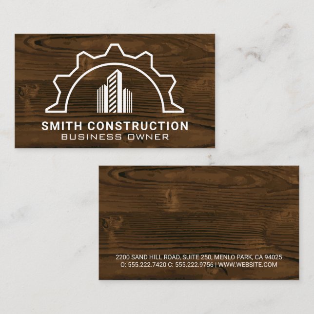 Buildings Gear Logo | Wood Background Business Card (Front/Back)