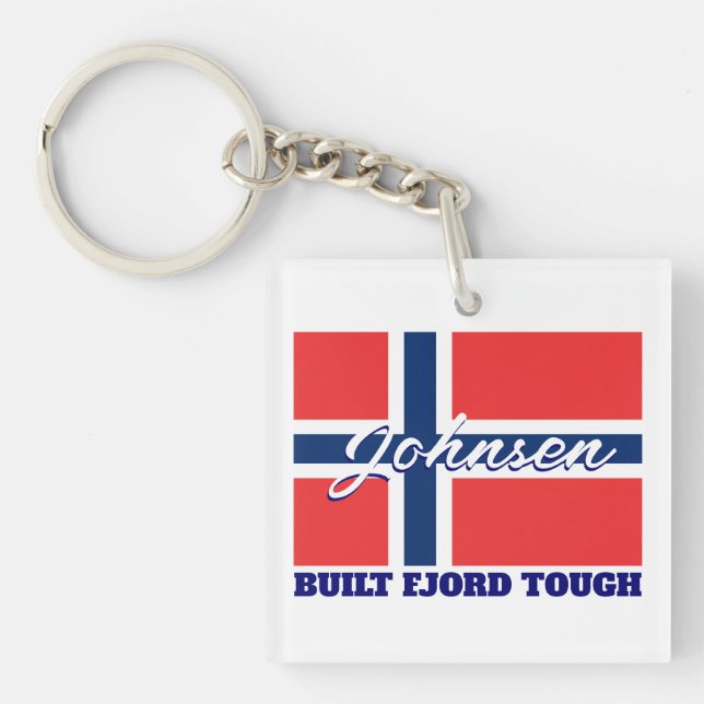 "Built Fjord Tough" and Norwegian Flag Keychain (Front)