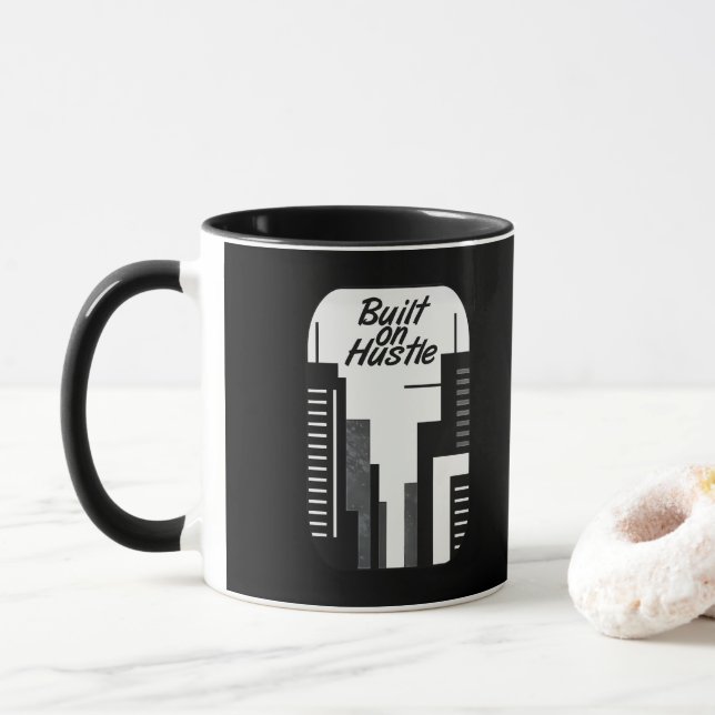 Built on Hustle City Skyline Minimalist Design Mug (With Donut)