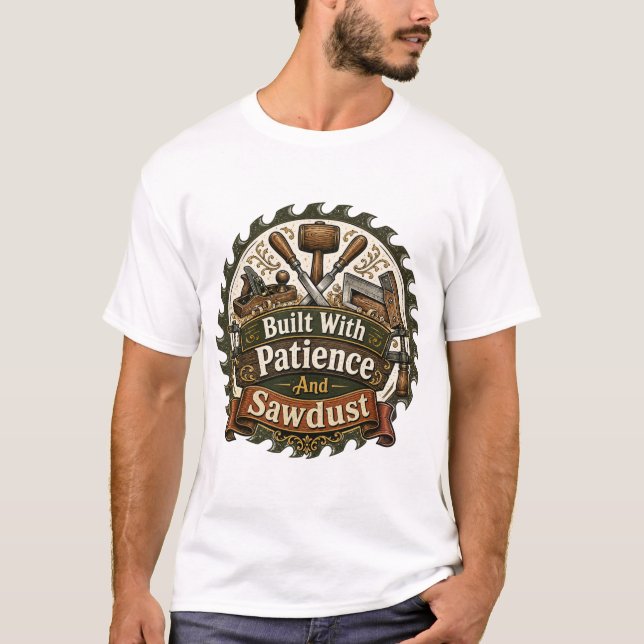 Built With Patience And Sawdust Woodworker Tee (Front)