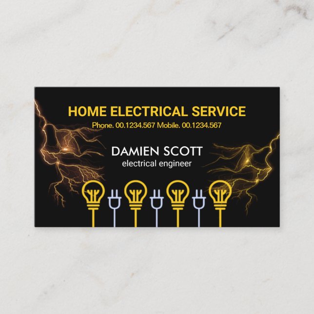 Bulb Power Plug Motif Lightning Flash Electrician Business Card (Front)