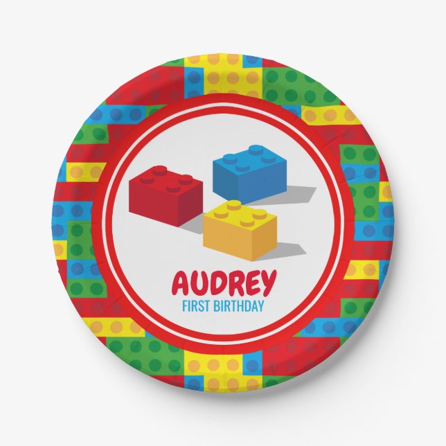Bulding Block Build and Play Colourful Birthday Paper Plate (Front)