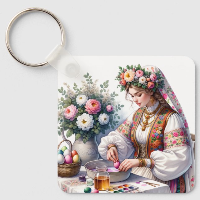 Bulgarian Easter Watercolor Woman Flowers Eggs Keychain (Front)