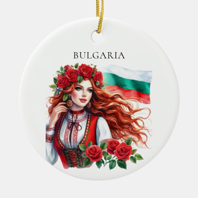 Bulgarian Flag Tradition Folklore Woman Red Roses  Ceramic Ornament (Front)