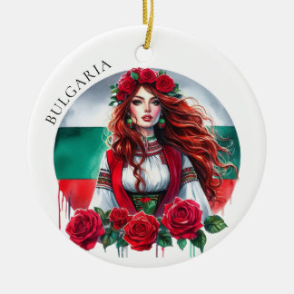 Bulgarian Flag Tradition Folklore Woman Red Roses  Ceramic Ornament