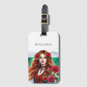 Bulgarian Flag Tradition Folklore Woman Red Roses Luggage Tag