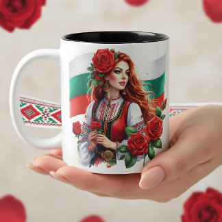 Bulgarian Flag Tradition Folklore Woman Red Roses  Two-Tone Coffee Mug