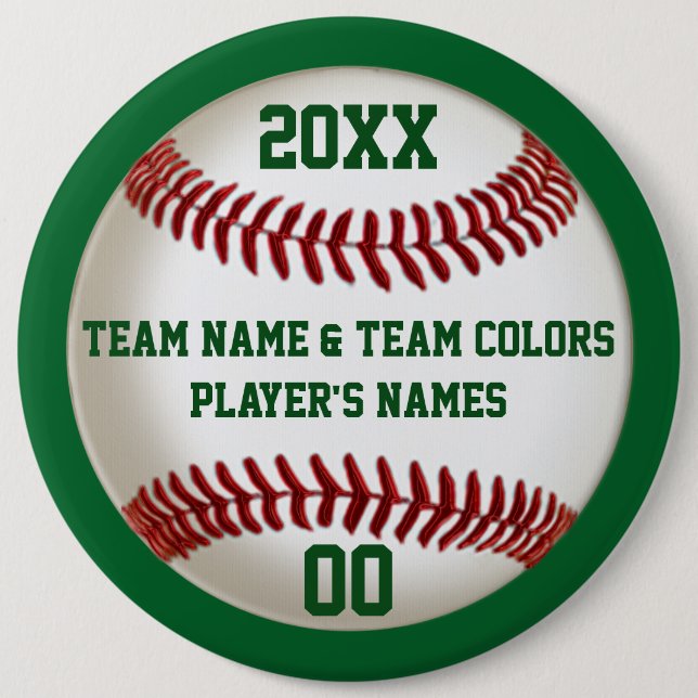 BULK Personalized Baseball Pins, Colours and Text 6 Inch Round Button (Front)