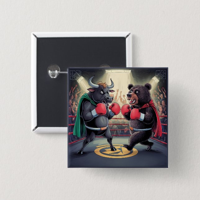 Bull and Bear 2 Inch Square Button (Front & Back)