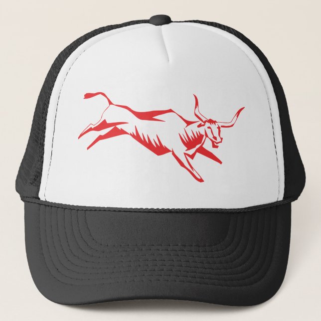 Bull Animal Horns Jumping Nature Domestic Cattle Trucker Hat (Front)