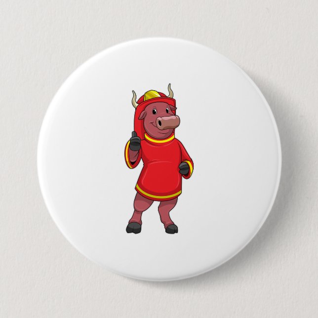 Bull as Firefighter with Helmet 3 Inch Round Button (Front)
