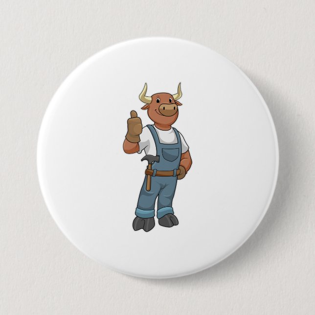Bull as Handyman with Hammer 3 Inch Round Button (Front)