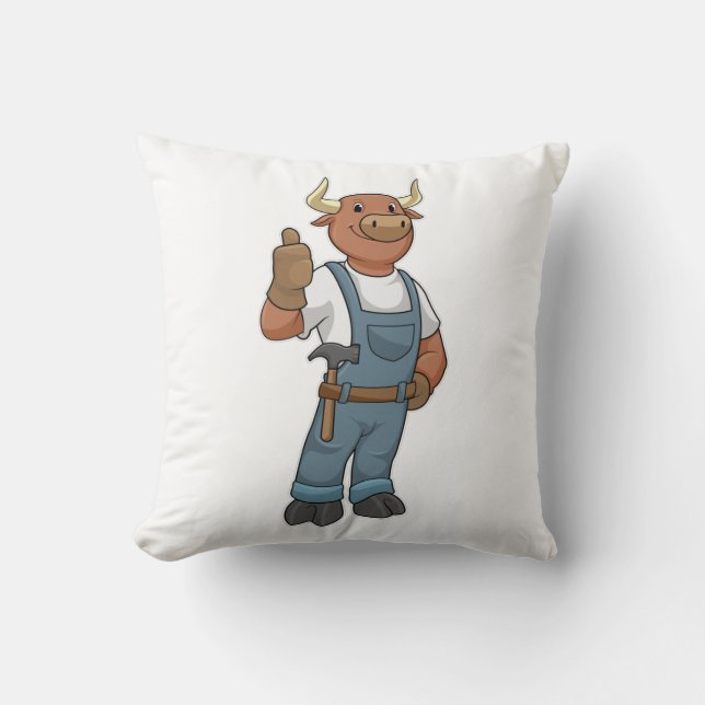 Bull as Handyman with Hammer Throw Pillow (Front)