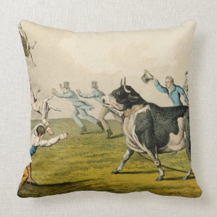 'Bull Baiting', pub. by Thomas McLean, 1820, (prin Throw Pillow