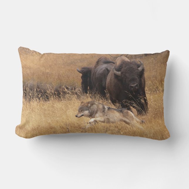 Bull Bison, Female, & Wolf Lumbar Pillow (Front)