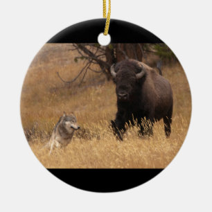 Bull Bison & Wolf Ceramic Ornament