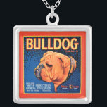 Bull Dog on a Blue Background Silver Plated Necklace<br><div class="desc">A vintage crate label print illustrating a bulldog with a blue patterned background and an orange border. Choose this art print on your Zazzle product today.</div>