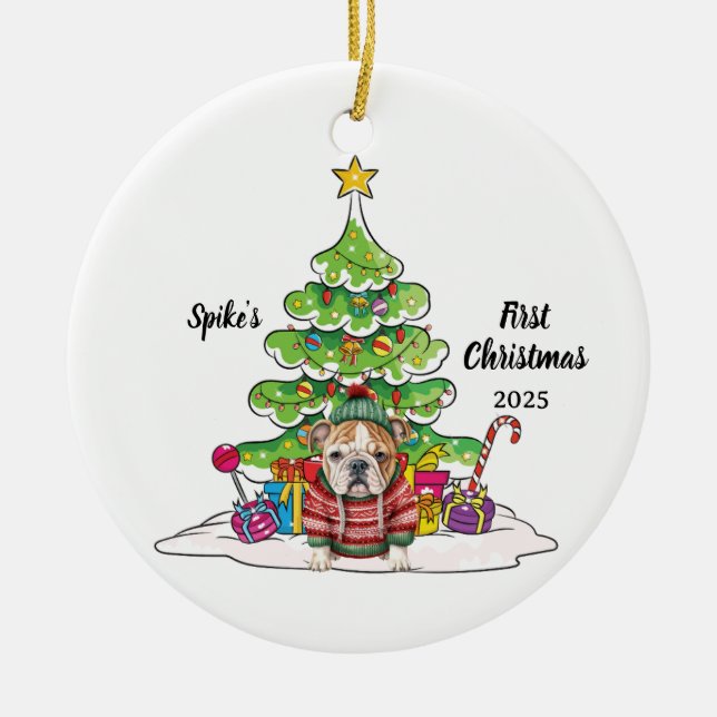 Bull Dog Pet First Christmas Photo under Tree Ceramic Ornament (Front)