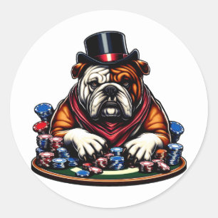 bull dog playing poker gambling casino art classic round sticker
