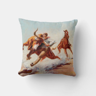 “Bull Dogger” Western Art by Will James Throw Pillow
