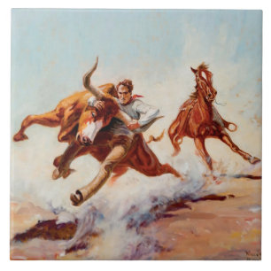 “Bull Dogger” Western Art by Will James Tile