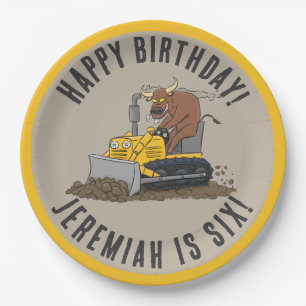 Bull driving bulldozer birthday personalized paper plate