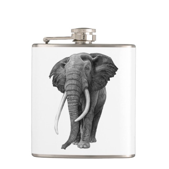 Bull elephant - Drawing in pencil Hip Flask (Front)