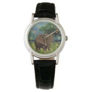 Bull Elephant Grazing, Ladies Leather Watch