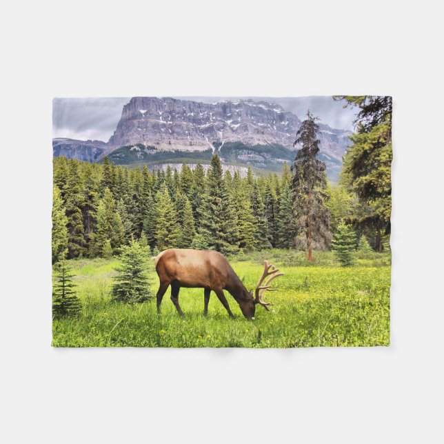 Bull Elk and Castle Mountain In Banff Fleece Blanket (Front (Horizontal))