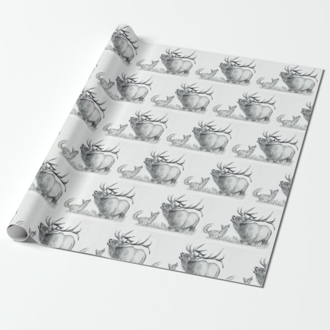Bull Elk and Fox Wrapping Paper (Unrolled)