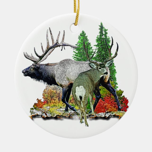 Bull elk  buck deer ceramic ornament (Front)