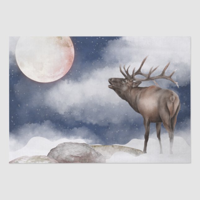 Bull Elk Bugling at the Full Moon Mountain Tissue Paper (Front)