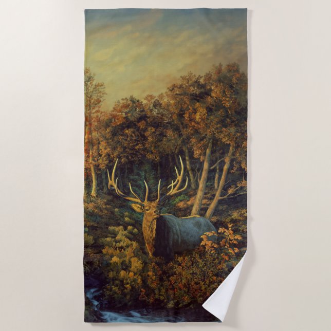 Bull Elk in Autumn Forest Beach Towel (Front)