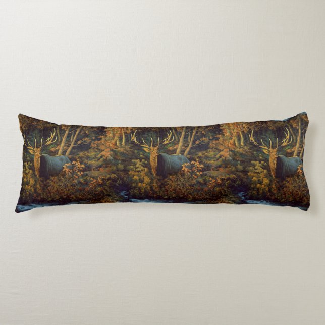 Bull Elk in Autumn Forest Body Pillow (Front)