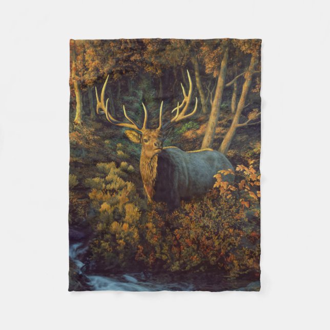 Bull Elk in Autumn Forest Fleece Blanket (Front)