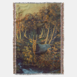 Bull Elk in Autumn Forest Throw Blanket