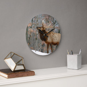 Bull Elk in the Snow Large Clock
