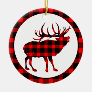 Bull Elk Large Game Plaid Ceramic Ornament