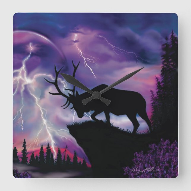 Bull Elk  Square Wall Clock (Front)