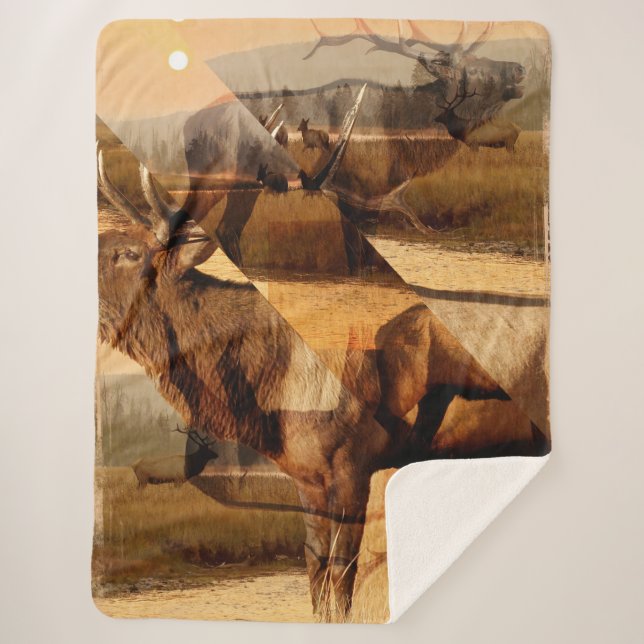 Bull Elk Sunrise Collage Sherpa Blanket (Front)