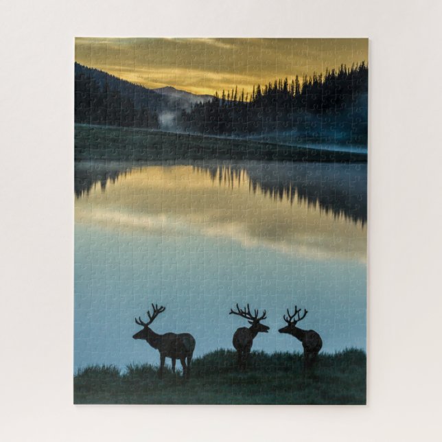 Bull Elks Silhouetted Poudre Lake Sunrise Jigsaw Puzzle (Vertical)